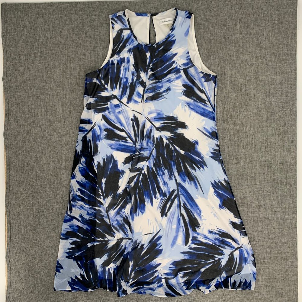 Calvin klein Sleeveless Shift Dress Blue White Lined Size 4 Round Neck Button Cl